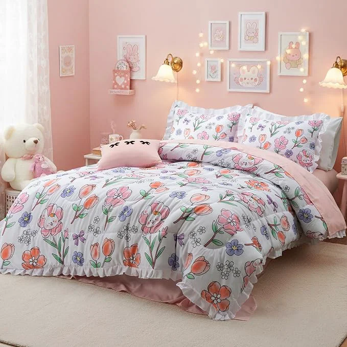 Durable A Nice Night 6 Piece Comforter Set Bed in a Bag with Comforter amp Sheet Set Chic Cute Rabbits Bow Printed Bedding Sets Princess Ruffle Bedding for Kids Girls Queen Premium