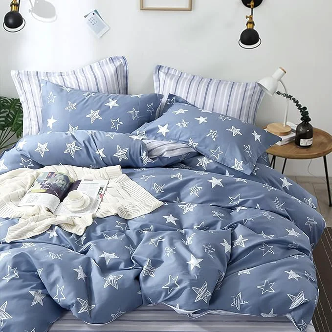 High-Quality Blue Cotton Comforter King Size 3Pcs - White Doodle Style Stars on Denim Blue Front Gray Stripes on Back Reversible Lightweight Bedding Sets with Soft Fill King 104 quot ×90 quot Next-Generation