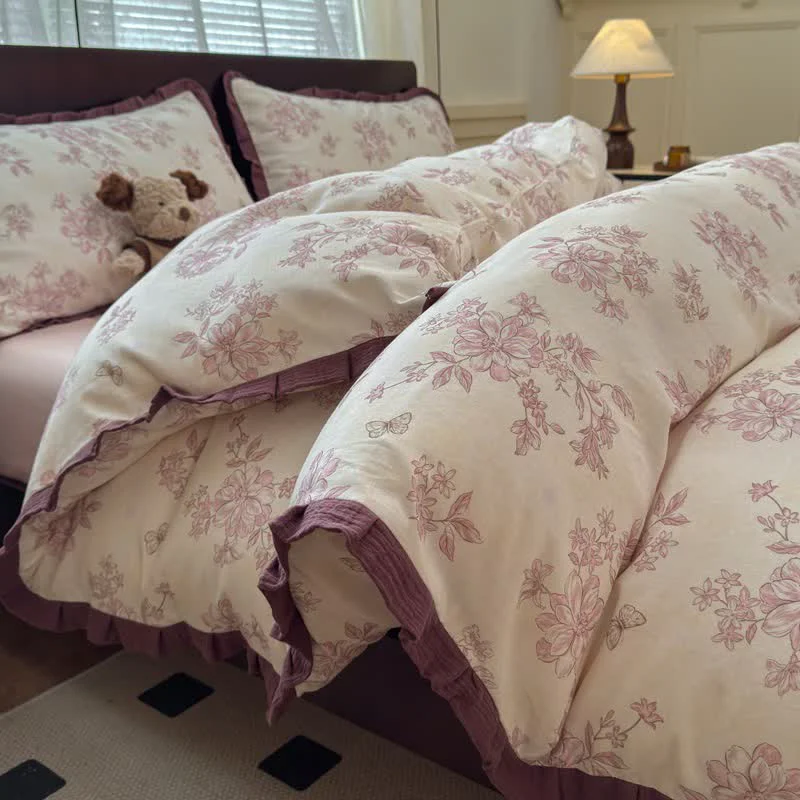 Lightweight Ownkoti Elegant Floral Ruffled Cotton Bedding Set Trusted
