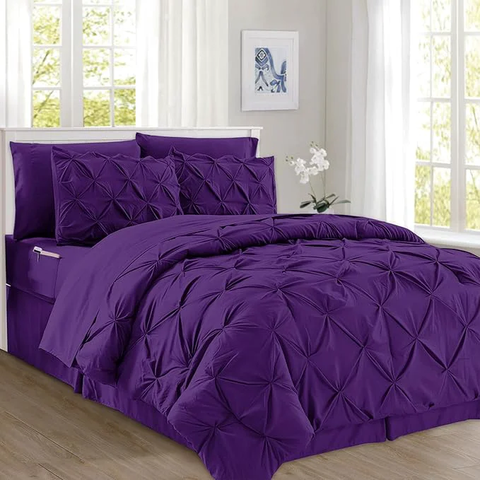 Comfortable Elegant Comfort 8-Piece Pinch Pleated Comforter Set - All Season Complete Bed in a Bag Includes 4pc Smart Sheet Set Bed Skirt Comforter Matching Pillowcases and Shams Full Queen Purple Breathable