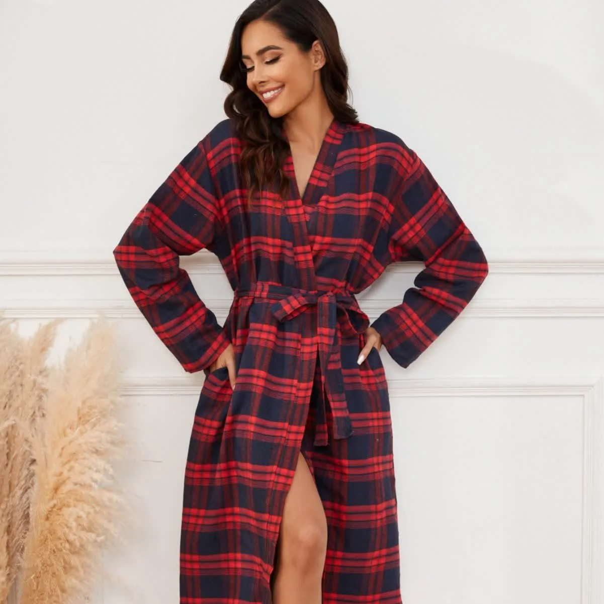 Verified Ownkoti Classic Plaid Brushed Lounge Robe Refined
