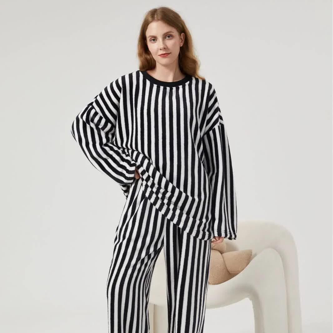 Elegant Ownkoti Vertical Striped Plush Loungewear Set Fine