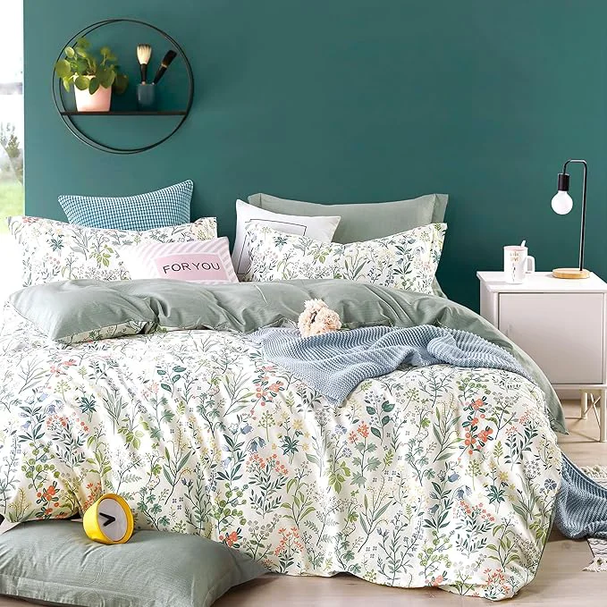 Premium Material Floral Cotton Comforter Queen Size - Botanical Wildflower Pattern with Soft Pestel Accents on White Textured Dusty Green Back 3PC Lightweight Bedding Set with Down Fill 90 quot ×90 quot Authentic
