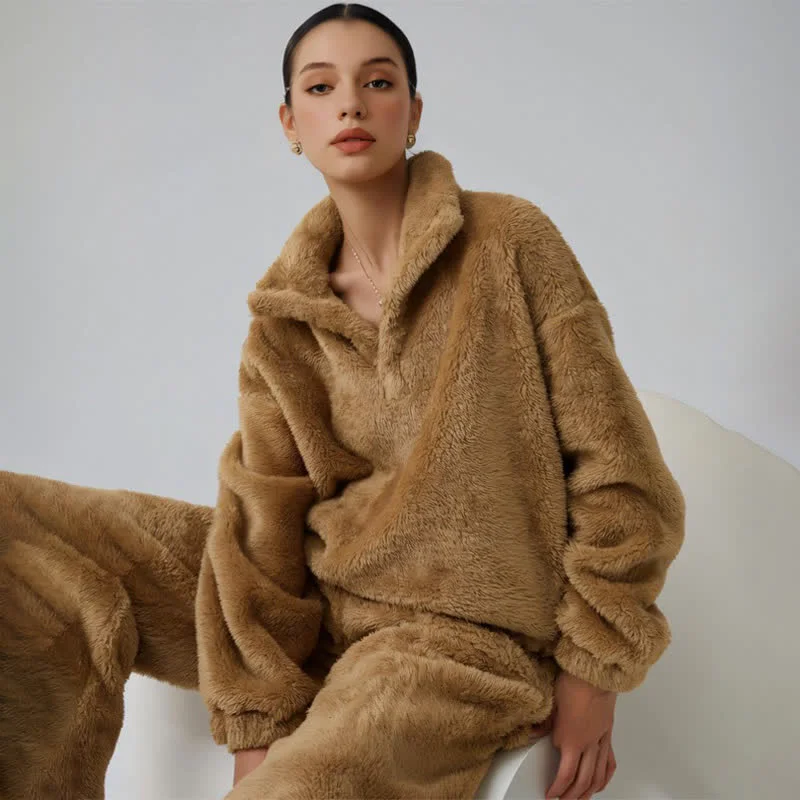 Long-Lasting Ownkoti Solid Color Plush Loungewear Set Outstanding