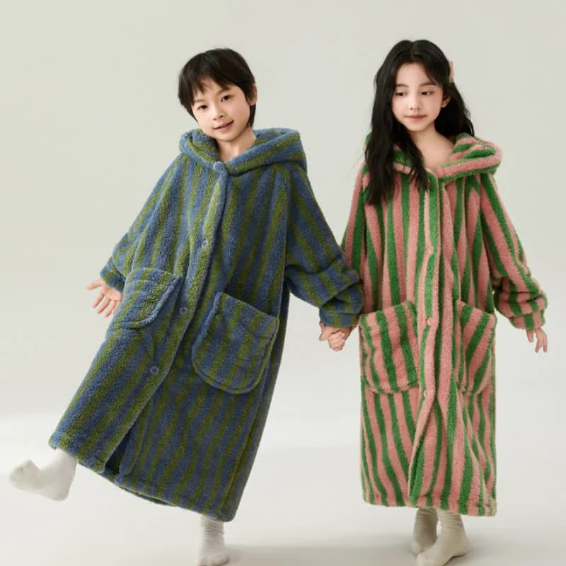 Innovative Ownkoti Striped Hooded Plush Warm Child Robe Advanced