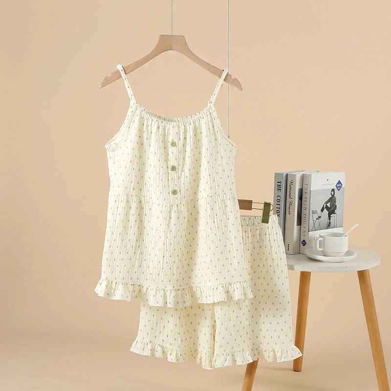 Functional Cherry Print Cotton Gauze Cami Pajamas Breathable