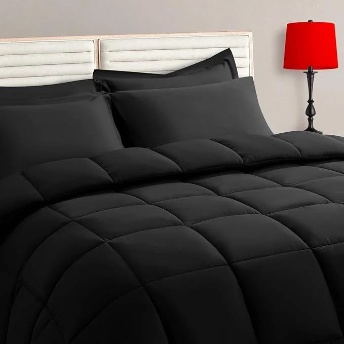 Advanced TAIMIT California King Comforter Set - 7 Pieces Bed in a Bag Bedding Sets with All Season Soft Quilted Warm Fluffy Reversible Comforter Flat Sheet Fitted Sheet 2 Pillow Shams 2 Pillowcases Black Fast