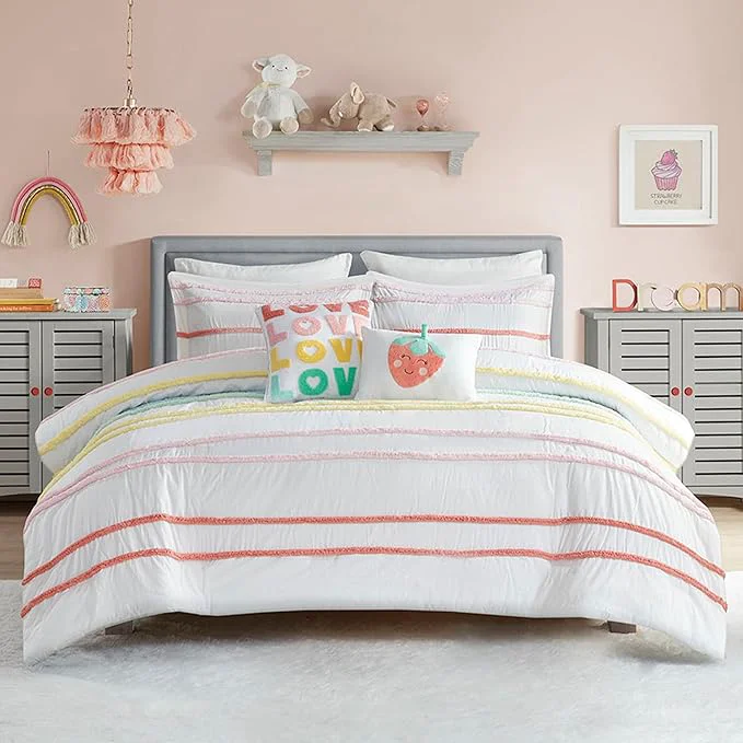 Original Intelligent Design Kids Twin Comforter Set Cotton Comforter Set Casual Fun Colors Chenille Stripes All Seasons Fluffy Comforter Bed Set 1 Sham 2 Decor Pillows Haisley Twin Pink Multi 4 Piece Secure