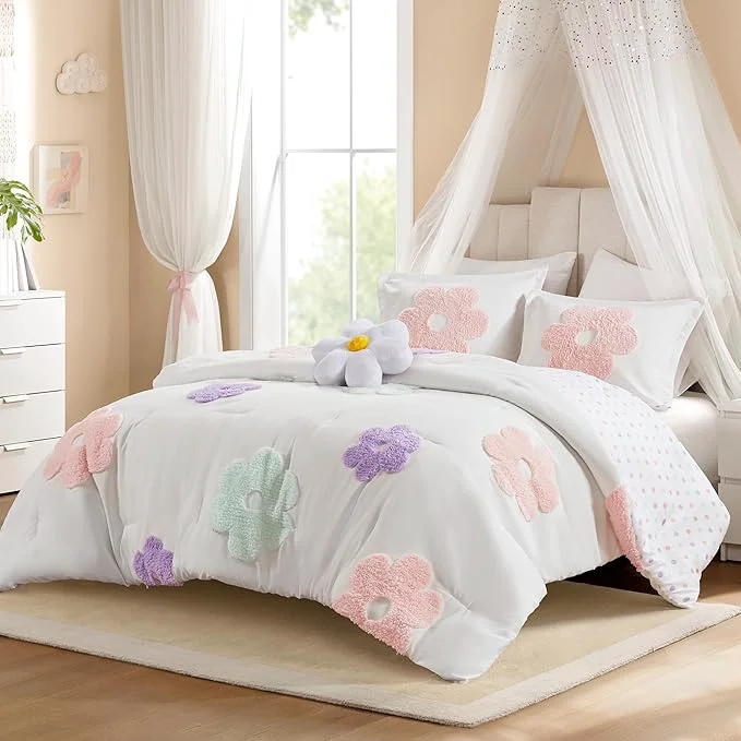 Functional Intelligent Design Kids Full Comforter Set for Girls Tufted Chenille Floral Comforter Set Queen Lightweight Polka Dot Reversible Bed Set Shams Pillow Gracie Full Queen White Purple 4 Piece Premium Material