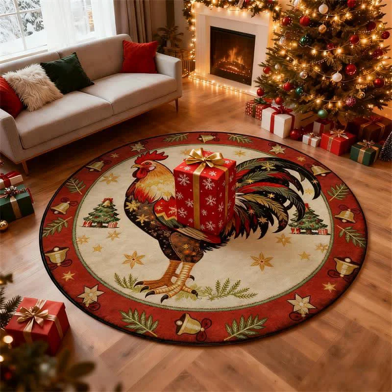 Detailed Ownkoti Christmas Rooster Non-Slip Round Area Rug Reliable