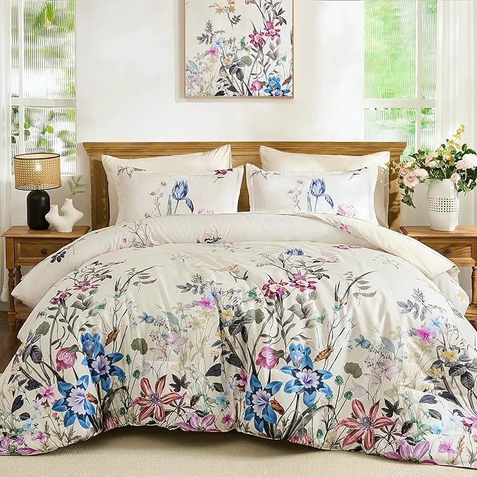 Verified WONGS BEDDING Floral Comforter Set Queen 7 Piece Beige Bed in a Bag Bedding Set with Botanical Flowers Patterns Soft Lightweight Complete Comforters with Sheets for All Season Organic