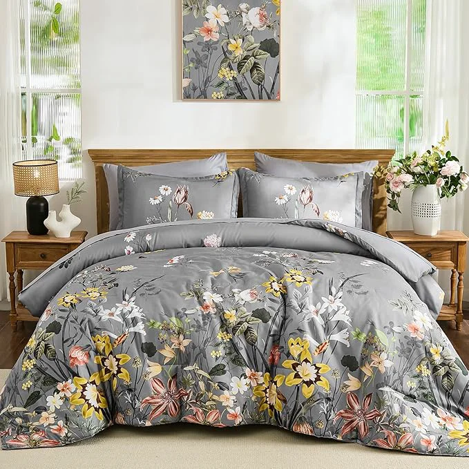 Environmentally Friendly WONGS BEDDING King Comforter Set 7 Piece Grey Floral Bed in a Bag Bedding Set with Botanical Flowers Patterns Soft Lightweight Complete Comforters with Sheets for All Season Official