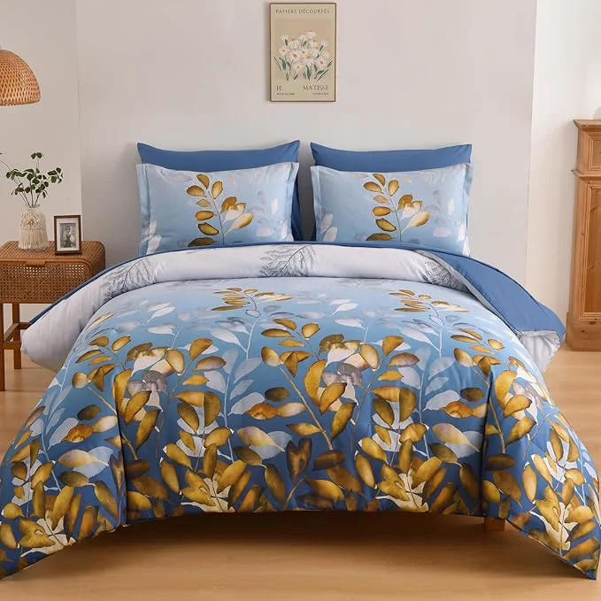 Durable Anibedding 7 Pieces King Size Comforter Set Blue Gold Botanical Gradient Leaves Ultra Soft Microfiber Down Bedding Set with Sheets and Pillowcase for All Season Fast