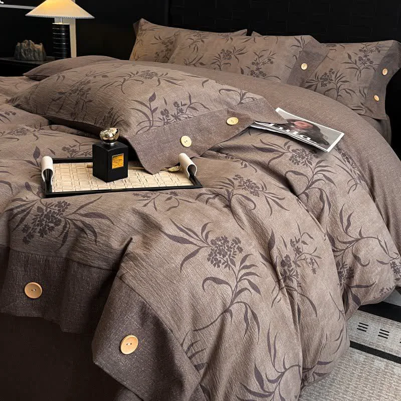 Breathable Ownkoti Retro Leaf Linen Button Bedding Set 4PCS Authentic