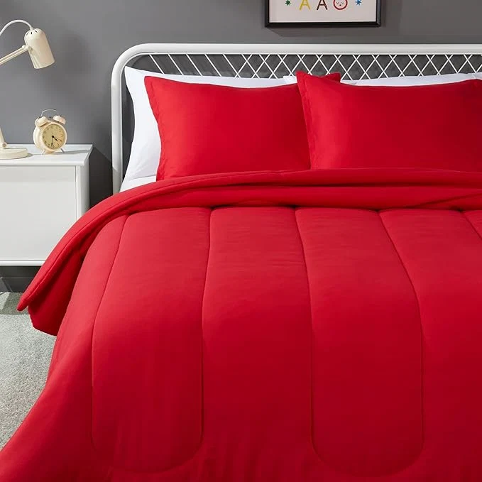 User-Friendly Amazon Basics 3-Piece Soft Microfiber Kids 39 Comforter and Pillow Sham Set Full Queen Red Solid Reusable