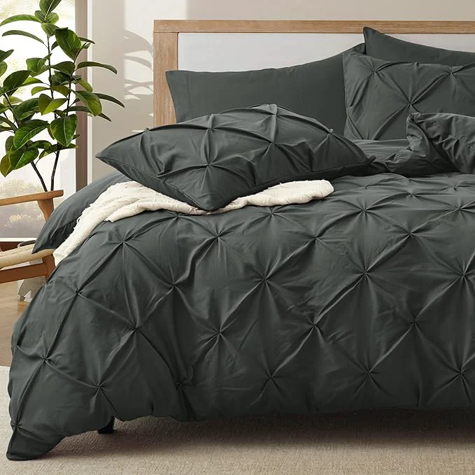 Comfortable VACVELT 5 Piece Pinch Pleated Duvet Cover Full Queen Size Set Charcoal Black Pintuck Duvet Cover with Zipper amp 8 Ties Shabby Chic Microfiber 2 Pillow Shams 2 Pillowcases No Comforter Fine Crafted