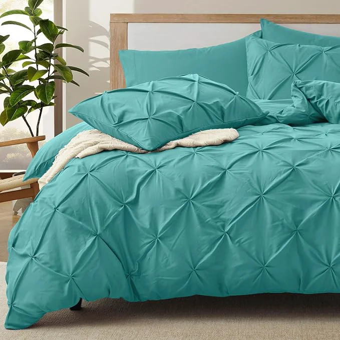 Healthy VACVELT 5 Piece Pinch Pleated Duvet Cover King Size Set Teal Pintuck Duvet Cover with Zipper amp 8 Ties Shabby Chic Microfiber Duvet Cover 2 Pillow Shams 2 Pillowcases No Comforter Soft