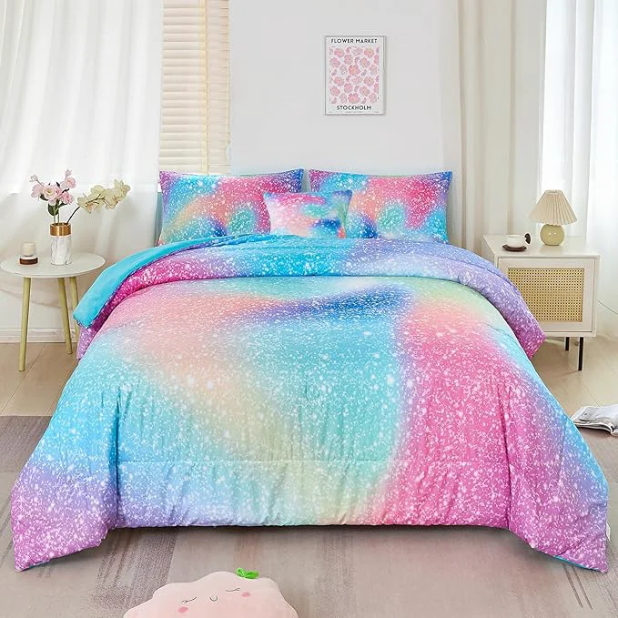 Exclusive RYNGHIPY Queen Girls Comforter Set Colorful Rainbow Bed in A Bag for Girls Kids 6 Piece Ombre Galaxy Glitter Bedding Set Optimized