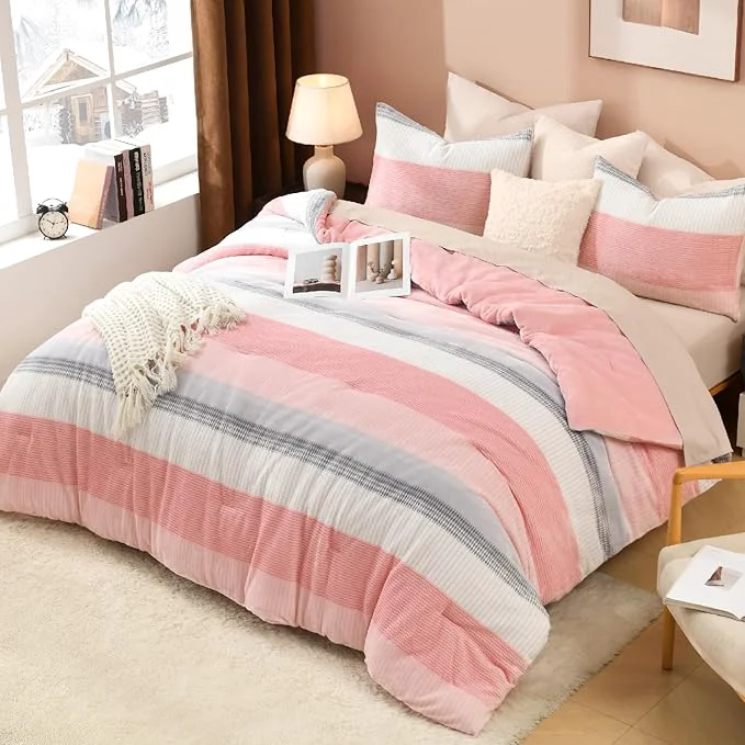 Contemporary Litanika Fluffy Fleece Twin Comforter Set Luxury Soft Plush Fuzzy Blush Stripe Bedding Comforter Sets Warm Shaggy Faux Fur Bed Set All Season 1 Comforter 1 Pillowcase Advanced