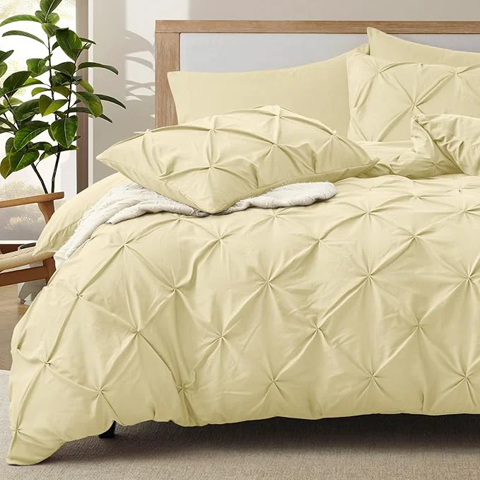 Organic VACVELT 5 Piece Pinch Pleated Duvet Cover King Size Set Beige Pintuck Duvet Cover with Zipper amp 8 Ties Shabby Chic Microfiber 2 Pillow Shams 2 Pillowcases No Comforter Exclusive