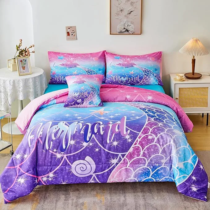 Stylish RYNGHIPY Mermaid Comforter Set 6Pcs Kids Gilrs Bed in a Bag Queen Size Mermaid Tail Print Teens Girls Bedding Set Rainbow Bedding Collections Convenient