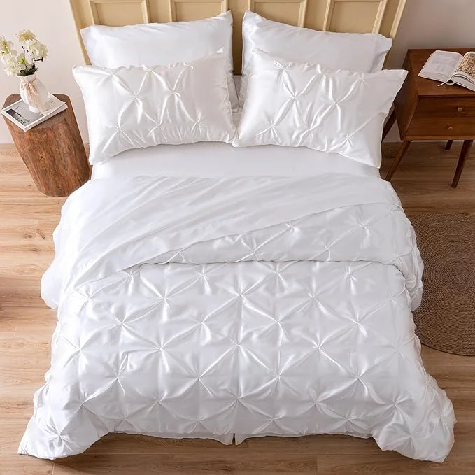 Durable MR amp HM Satin Comforter Queen 7 Pieces - Luxurious Pinch Pleat Bedding Set with Comforter Flat Sheet Fitted Sheet Pillowcases amp Shams Super Silky Soft Bed Set for All Season Queen White Long-Lasting