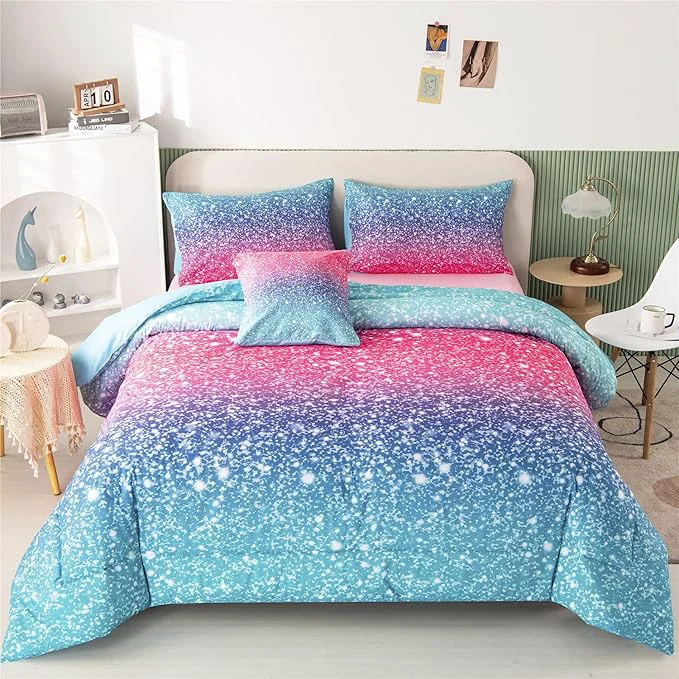 Effective RYNGHIPY 6Pcs Gradient Glitter Comforter Sets for Teen Girls Full Size Colorful Rainbow All-Season Coverlet Set Ultra Soft Bedding Collections Pure