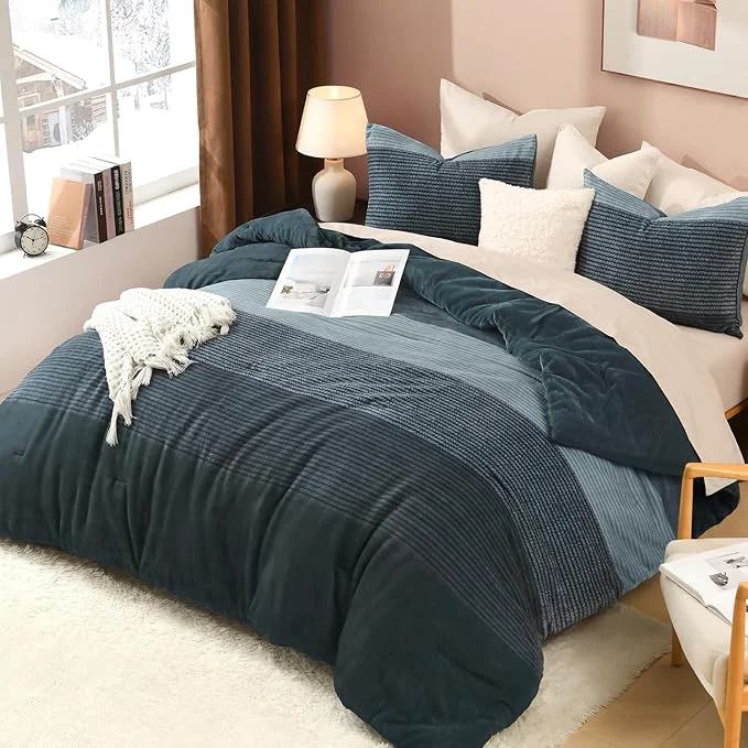 Original Litanika Fluffy Fleece Full Size Comforter Set Luxury Soft Plush Fuzzy Haze Blue Stripe Bedding Comforter Sets Warm Shaggy Faux Fur Bed Set All Season 1 Comforter 2 Pillowcases Comfortable