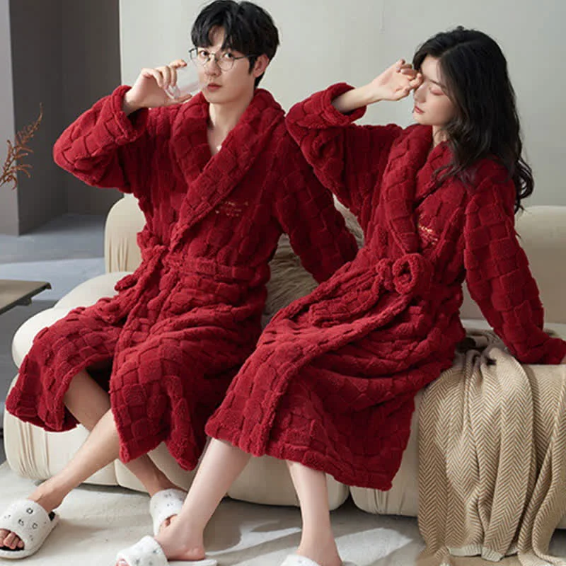 Carefully Designed Ownkoti Couple Matching Plaid Textured Fleece Robe Trendy