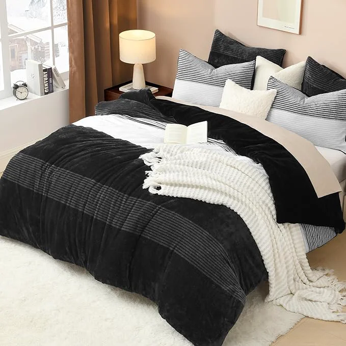 First-Class Litanika Fluffy Fleece Full Size Comforter Set Luxury Soft Plush Fuzzy Black amp White Stripe Bedding Comforter Sets Warm Shaggy Faux Fur Bed Set All Season 1 Comforter 2 Pillowcases Certified