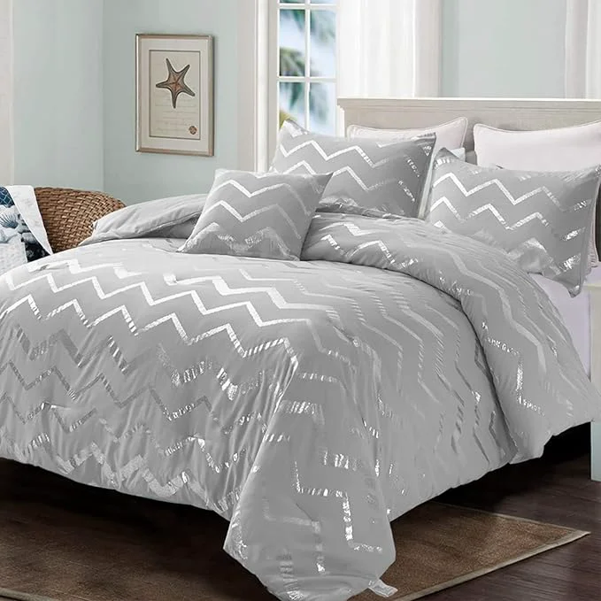 Specialty Menghomeus Grey and Silver Comforter Set Queen Full Metallic Print Geometric Bed Comforter 4 Pieces Soft Microfiber Bedding for Teen Kids Boys 2 Pillow Shams 1 Decorative Pillow Sham Crafted