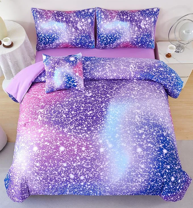 Versatile RYNGHIPY 6Pcs Girls Bedding Set Full Size Purple Rainbow Comforter Set for Kids Teens Girls Glitter Bed in a Bag Lightweight Fluffy Effective