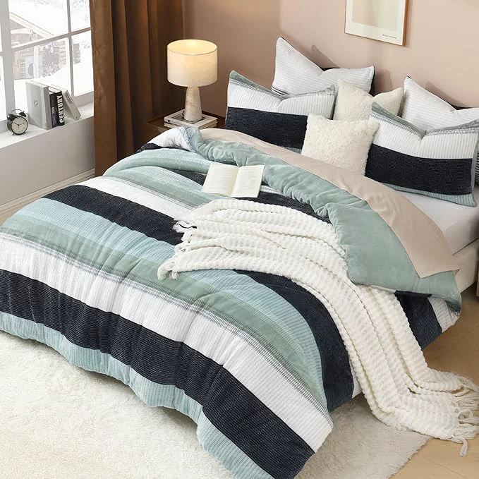 Carefully Designed Litanika Fluffy Fleece King Size Comforter Set Luxury Soft Plush Fuzzy Sage Green Stripe Bedding Comforter Sets Warm Shaggy Faux Fur Bed Set All Season 1 Comforter 2 Pillowcases Exceptional