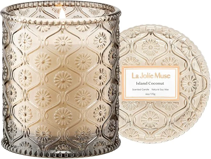 Eco-Friendly LA JOLIE MUSE Island Coconut Scented Candle – Coconut Peach Vanilla 6oz Reusable