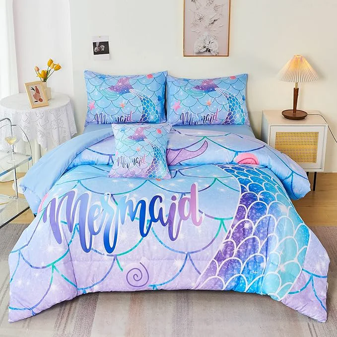 Recyclable RYNGHIPY 6Pcs Mermaid Tail Comforter Set for Kids Girls Mermaid Fish Scale Bed in a Bag Queen Size Sparkle Teal Purple Rainbow Bedroom Decor Bedding Set Classic