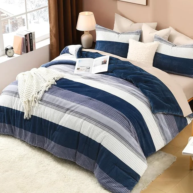 Premium Litanika Fluffy Fleece King Size Comforter Set Luxury Soft Plush Fuzzy Mineral Blue Stripe Bedding Comforter Sets Warm Shaggy Faux Fur Bed Set All Season 1 Comforter 2 Pillowcases Next-Generation