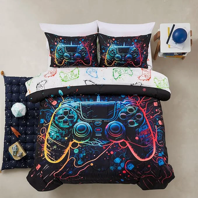 Environmentally Friendly A Nice Night Boys Queen Size 5-Piece Game Console Comforter Set for Kids Teen 3D Colorful Background Space Universe Gamepad Gaming Printed Matching Sheet Sets Sustainable