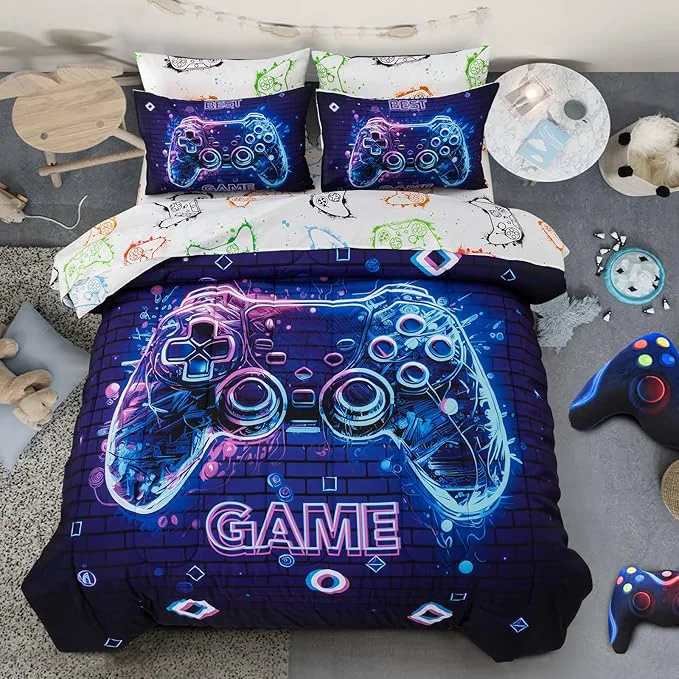 Elite A Nice Night 5Pcs Gaming Comforter Set Blue Purple 3D Game Contoller Themed Printing Bedding Sets for Kids Teen Boys Reversible Comforter for All Seasons Twin Proven