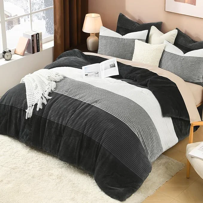 High-End Litanika Fluffy Fleece King Size Comforter Set Luxury Soft Plush Fuzzy Grey White Stripe Bedding Comforter Sets Warm Shaggy Faux Fur Bed Set All Season 1 Comforter 2 Pillowcases Prestigious