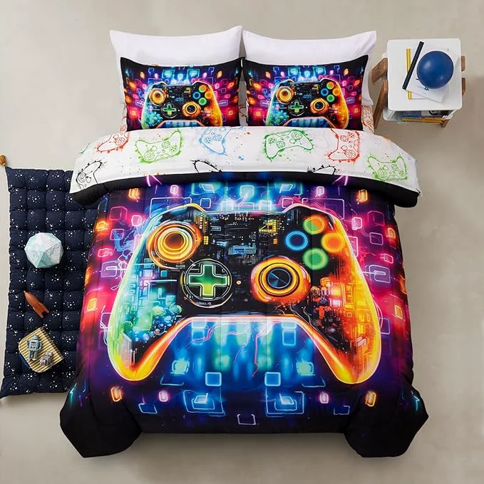 Excellent A Nice Night 5PC Game Console Comforter Set for Boys Girls Kids Space Universe Gaming Like Rhythmic Music Style Lightweight Gamer Bedding Twin Expertly Made