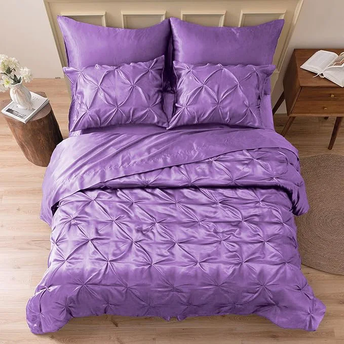 Selected MR amp HM Satin Comforter California King 7 Pieces Lavender - Luxurious Pinch Pleat Bedding Set with Comforter Flat Sheet Fitted Sheet Pillowcases amp Shams Super Silky Soft Bed Set for All Season Dependable