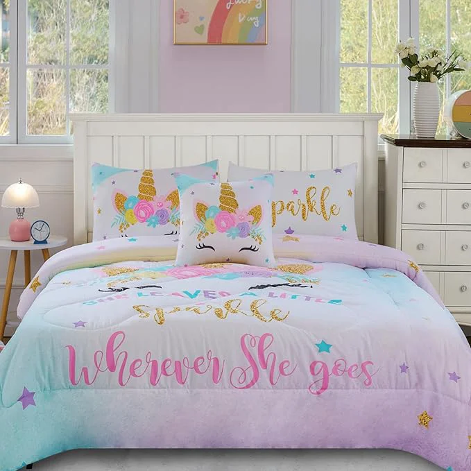 Sustainable Cokouchyi Full Size Comforter Set for Girls 6-Piece Bed in a Bag 3D Colorful Unicorn Bedding Comforter Sheet Set Ultra Soft and Fluffy Pink amp Rainbow Color Premium Material