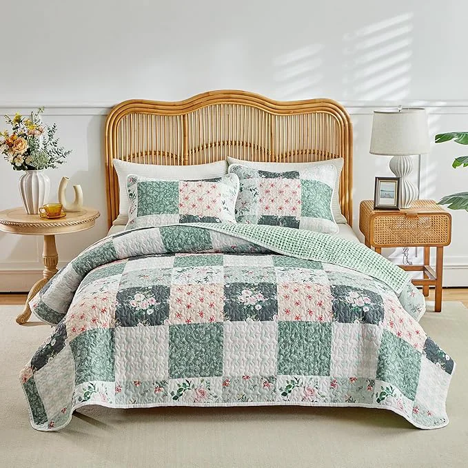 Sustainable Joyreap 3 Pieces Floral Patchwork Quilt Set California King 102x114 inches- Green n White Floral Design Smooth Soft Microfiber Quilt Bedspread Bed Cover for All Season High-Performance
