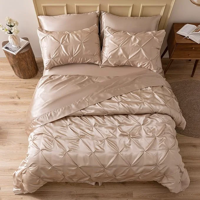Efficient MR amp HM Satin Comforter California King 7 Pieces Champagne - Luxurious Pinch Pleat Bedding Set with Comforter Flat Sheet Fitted Sheet Pillowcases amp Shams Super Silky Soft Bed Set for All Season Optimized