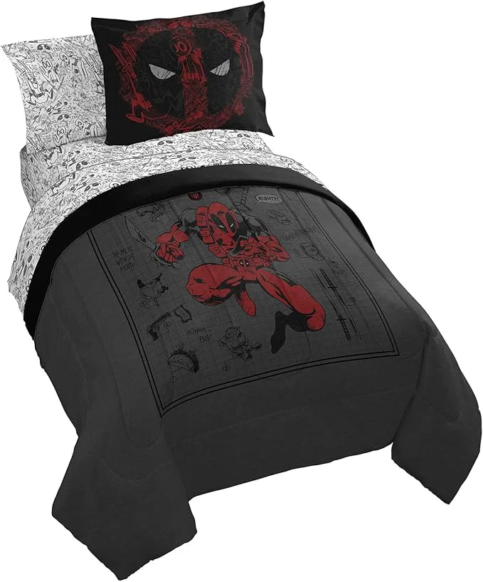 Excellent Jay Franco Marvel Deadpool Full Size Comforter Set - 7 Piece Bedding Includes Sheet Set and Pillow Covers - Gray and Red Super Soft Cozy Bedding Easy-to-Use