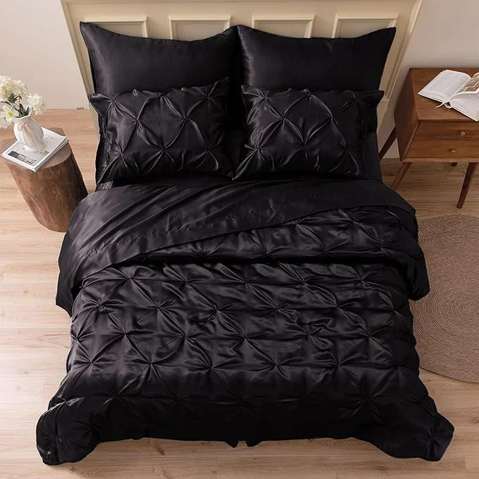 Reusable MR amp HM Satin Comforter Set Oversized Queen 7 Piece Bed in a Bag Silky Soft All Season Bed Set Luxury Pinch Pleat Bedding Set with Comforter Sheets Pillowcases amp Shams Black Refined