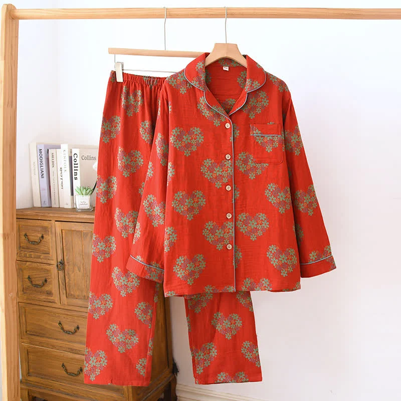 User-Friendly Ownkoti Heart-Shaped Floral Cotton Gauze Loungewear Set Optimized