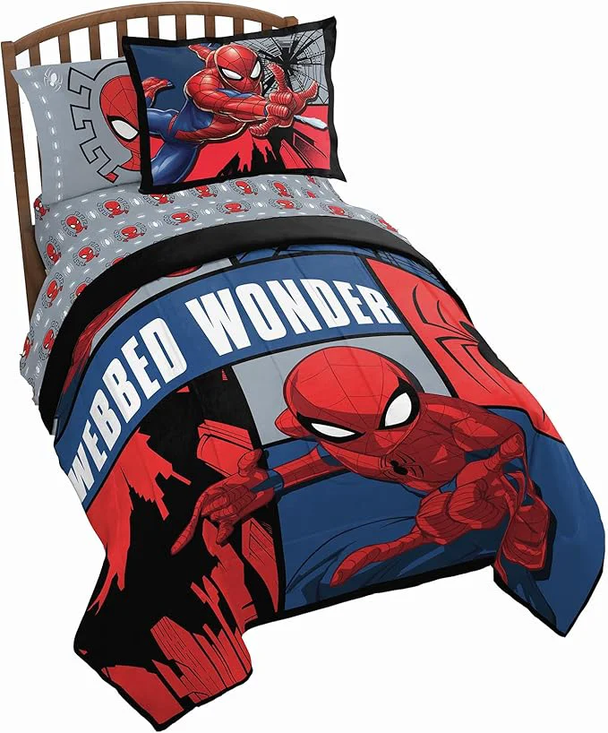 Authentic Jay Franco Marvel Spiderman Webbed Wonder 5 Piece Twin Bed Set - Includes Comforter amp Sheet Set - Bedding Features Spiderman - Super Soft Fade Resistant Polyester - Marvel Product Genuine