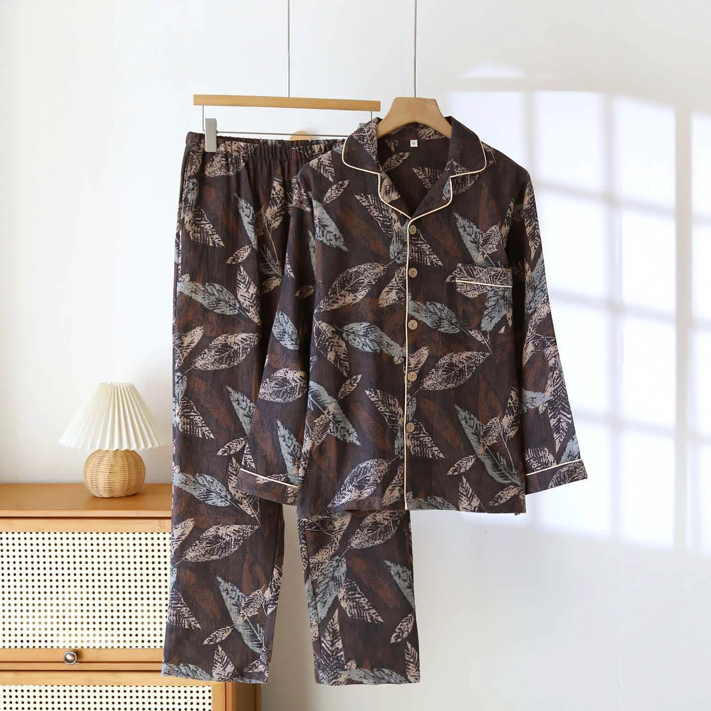 Outstanding Ownkoti Artistic Leaf Jacquard Cotton Gauze Loungewear Green