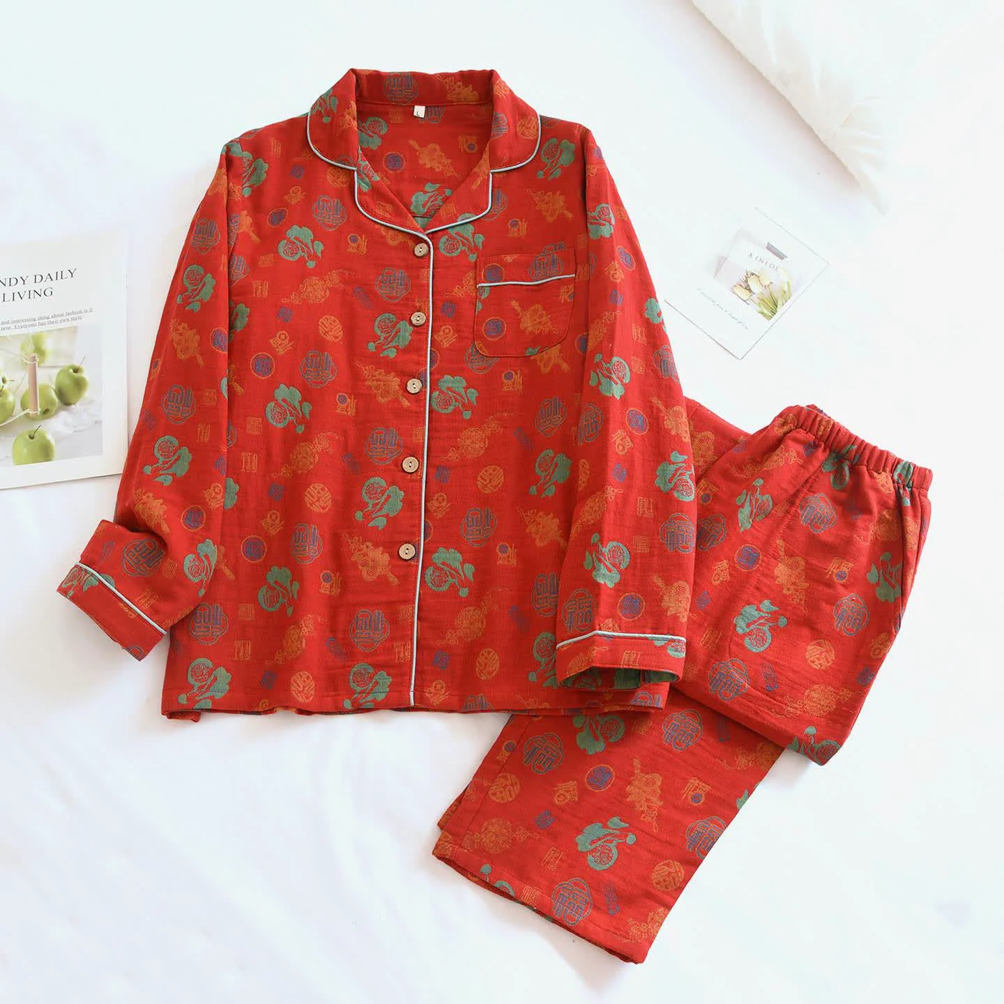 High-Grade Ownkoti Vintage Blessing Print Cotton Loungewear Set Comfortable